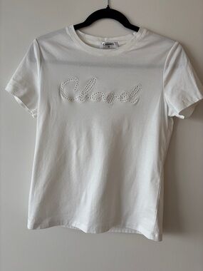 CHANEL White Short Sleeve Tee with Embroidered Logo